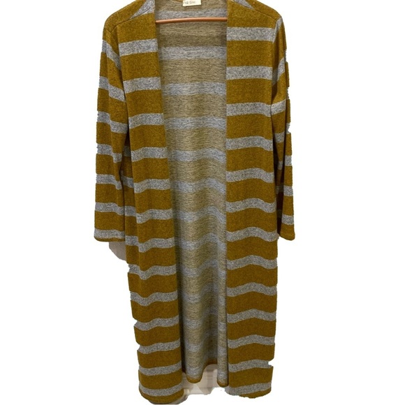 Phil Love Sweaters - Phil Love open, long line duster. Cute mustard yellow and gray stripe. Size L